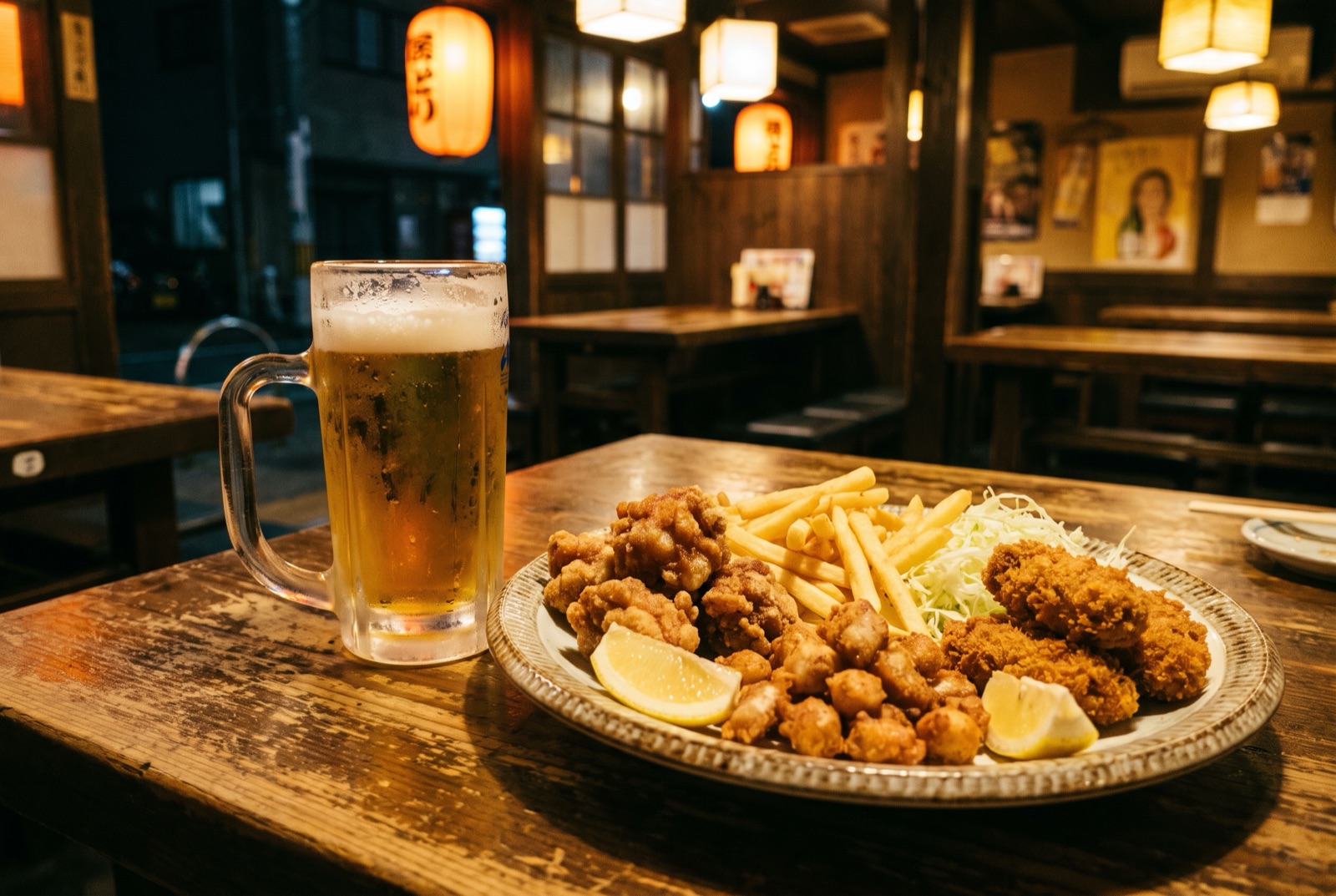 居酒屋のテーブルに並ぶビールと揚げ物