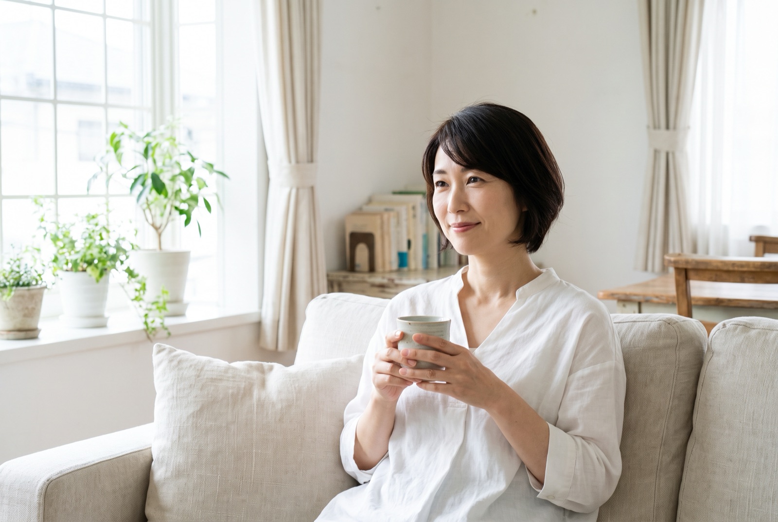 治療を受けた日の夜、自宅のソファでゆっくり過ごす女性
