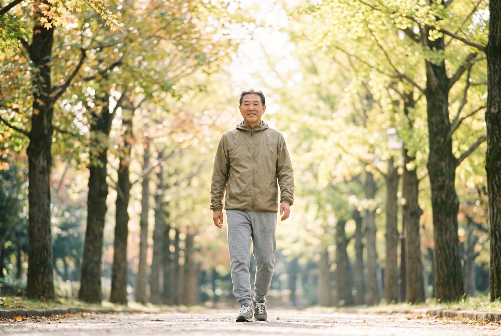 朝の公園の並木道をゆっくり歩く男性