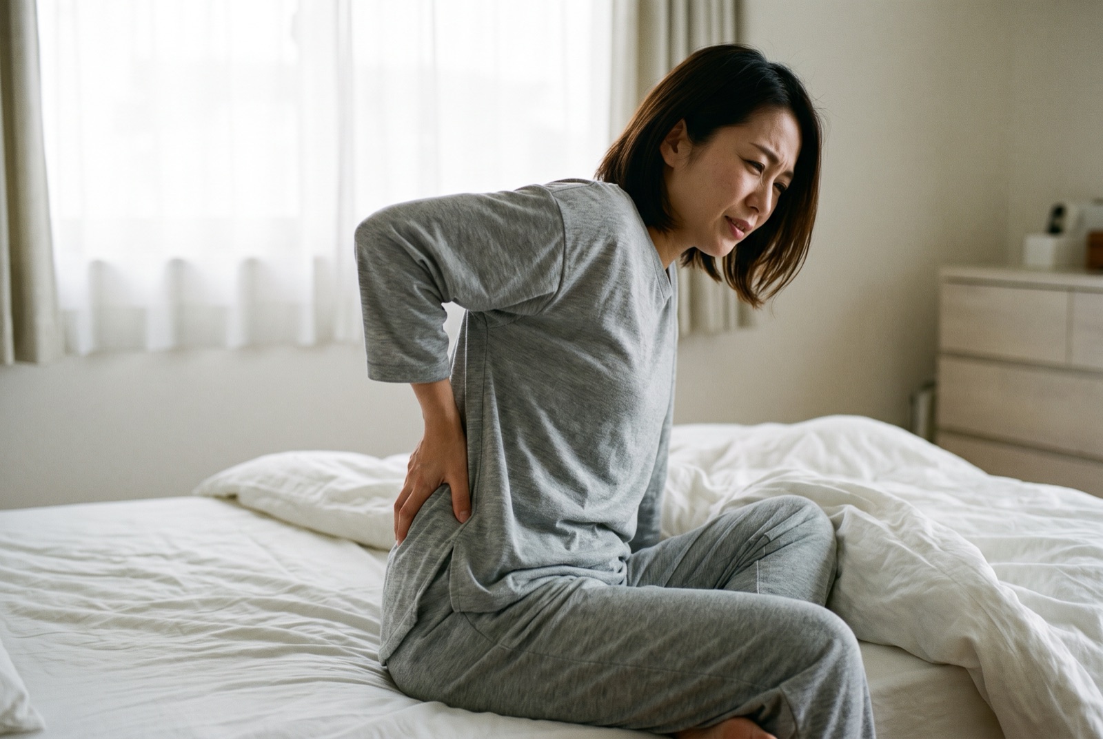 寝室のベッドで起き上がろうとして腰を押さえている女性
