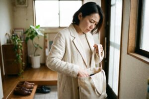 出かける前にバッグの中を確認している女性