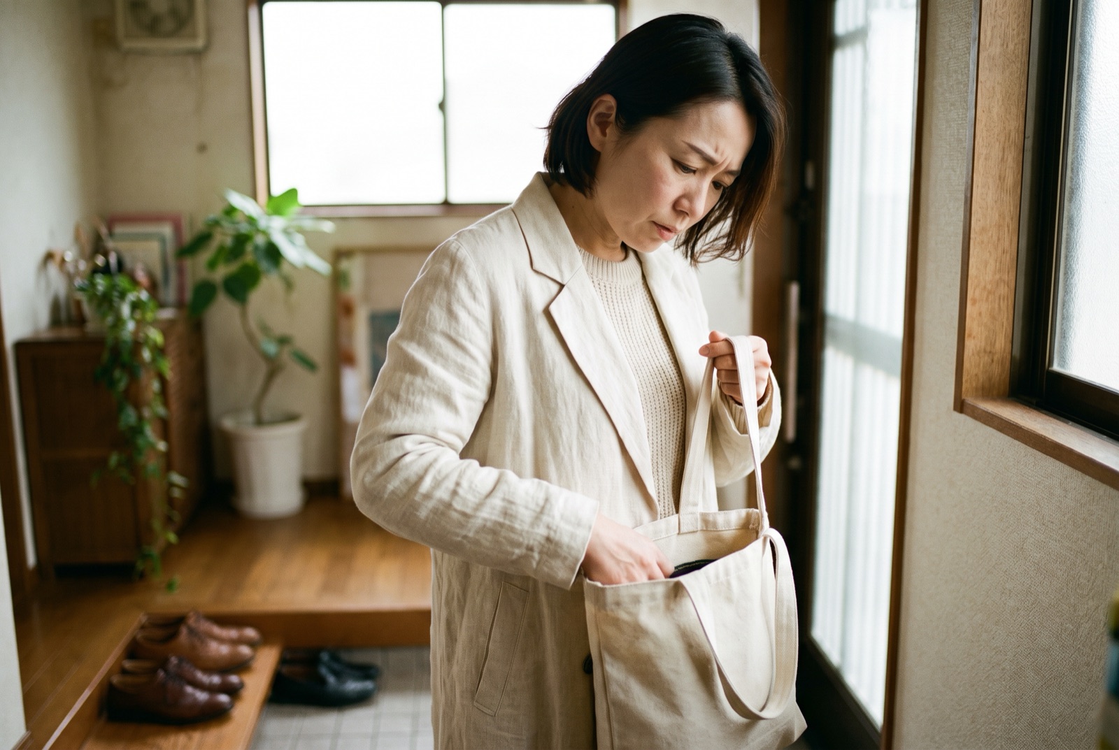 出かける前にバッグの中を確認している女性