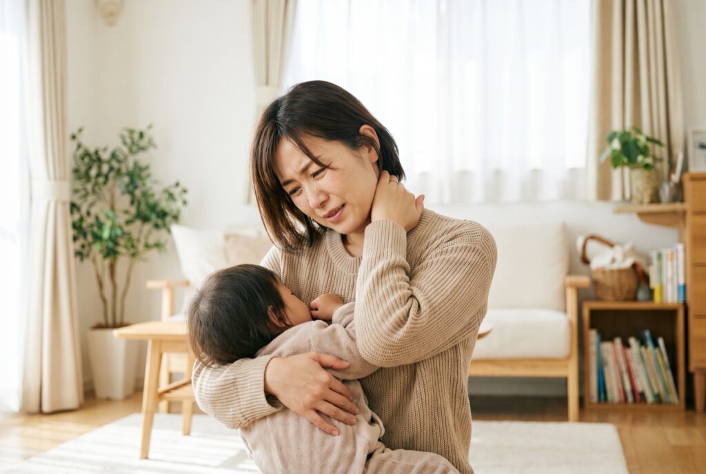 子どもを抱っこしながら首の後ろを押さえている女性