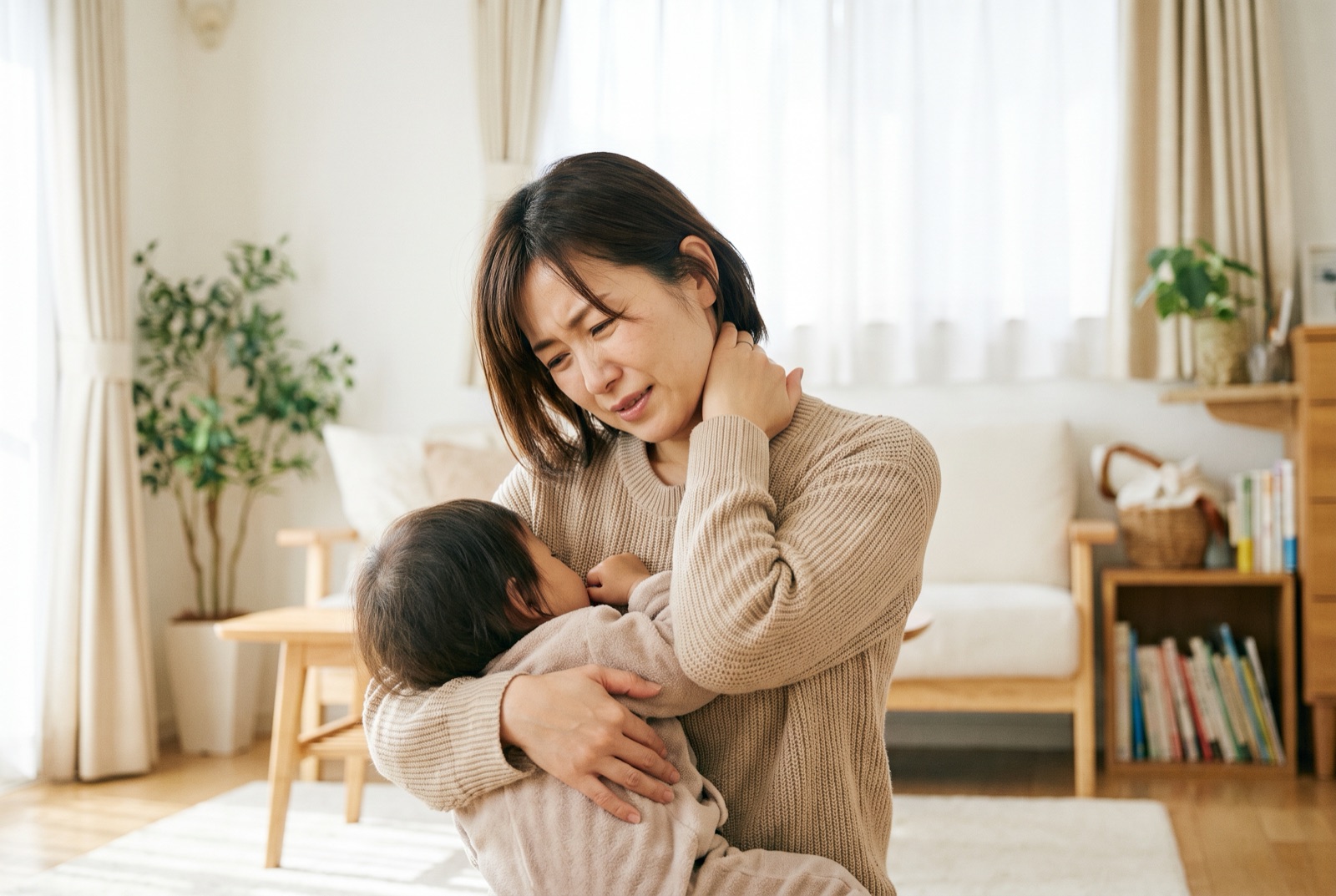 子どもを抱っこしながら首の後ろを押さえている女性