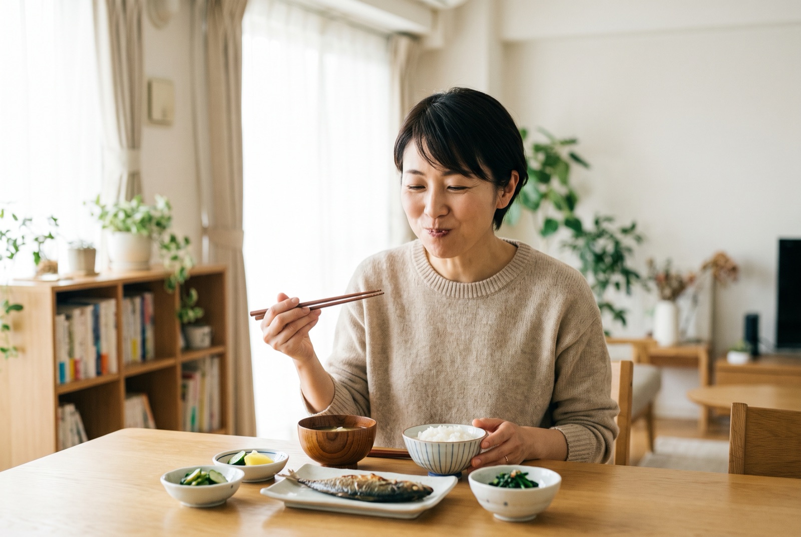 和食の朝ごはんをゆっくり食べている女性