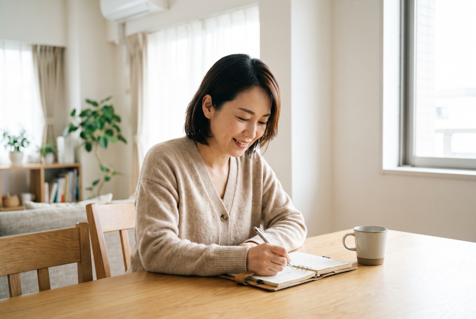 手帳に体調を書き込んでいる女性