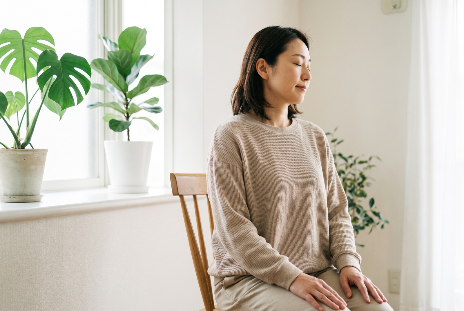 目を閉じて、ゆっくり顔を横に向けている女性
