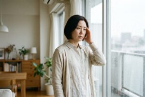 雨の降る窓の外を見ながら、こめかみに手を当てている女性
