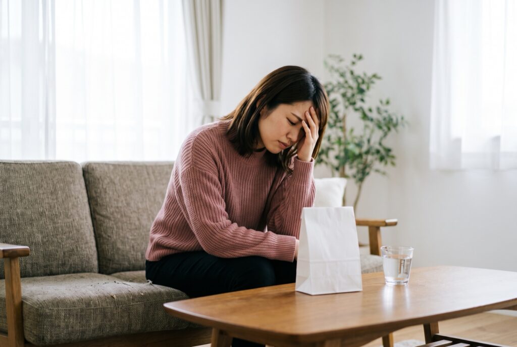 ソファに座り、こめかみに手を当ててうつむく女性