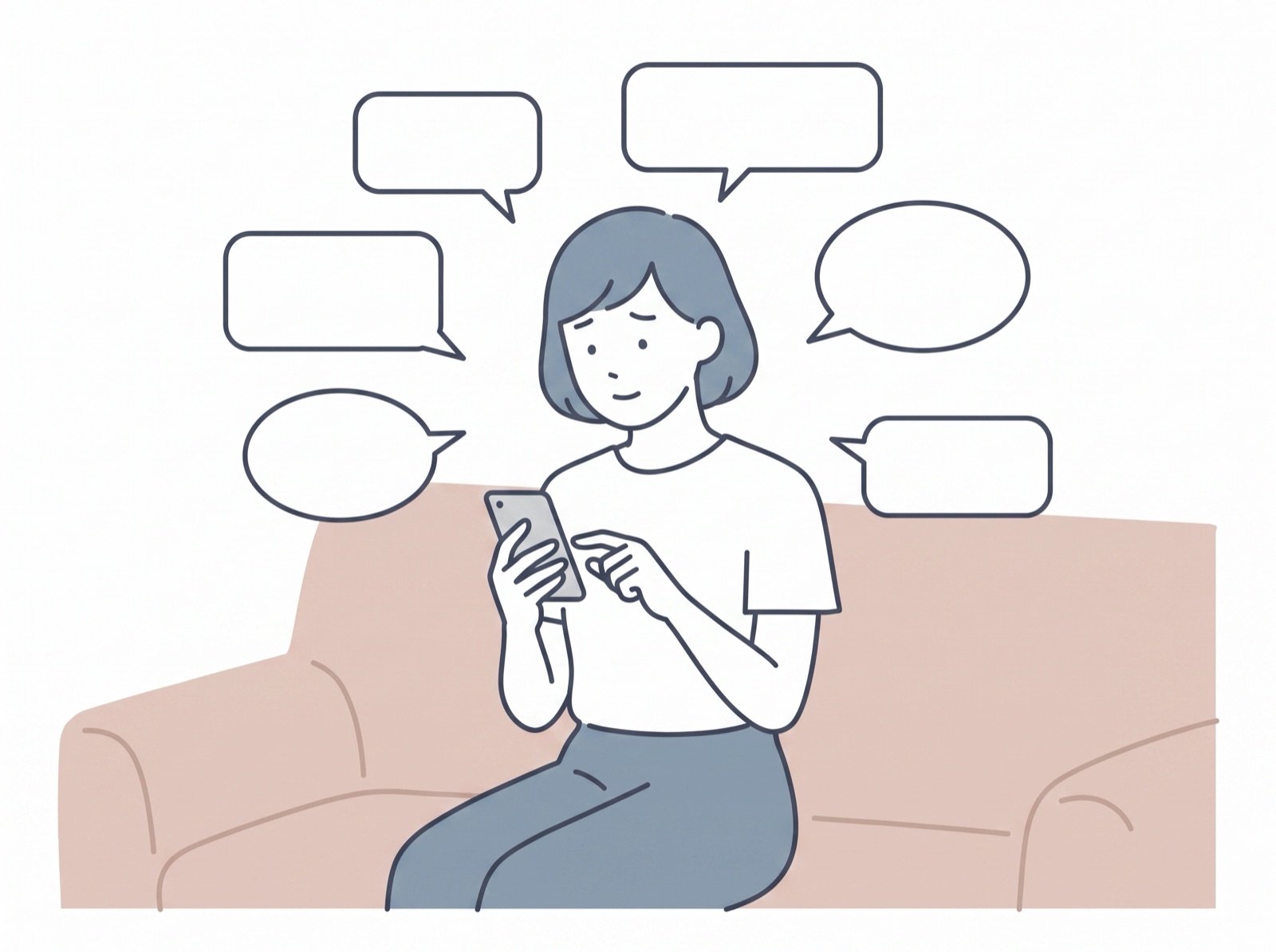 ソファでスマートフォンを手に、たくさんの吹き出しに囲まれている女性のイラスト