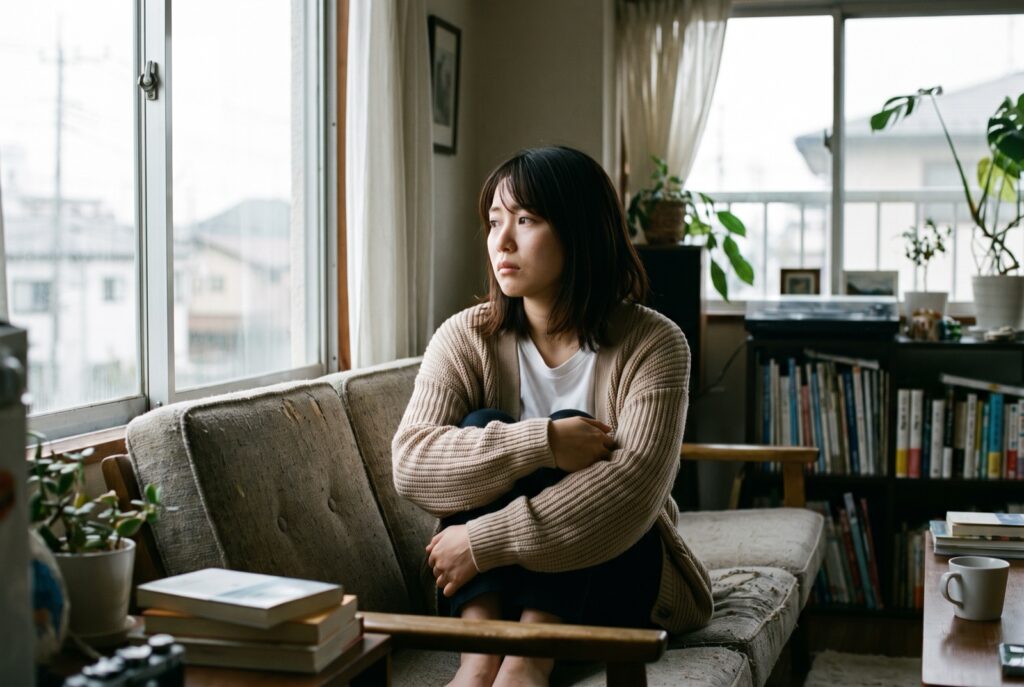 ソファに座り、膝を抱えて窓の外をぼんやり見ている女性