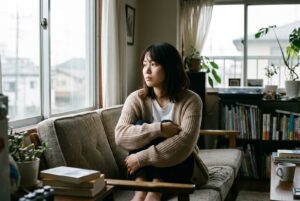 ソファに座り、膝を抱えて窓の外をぼんやり見ている女性
