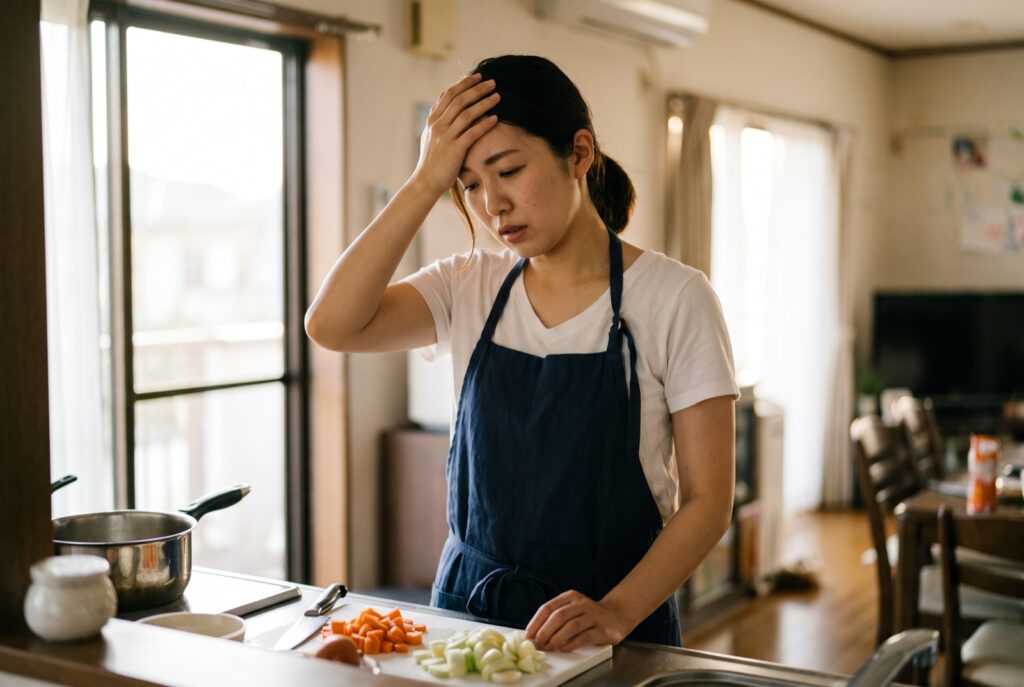 キッチンで額に手を当て、ため息をついている女性