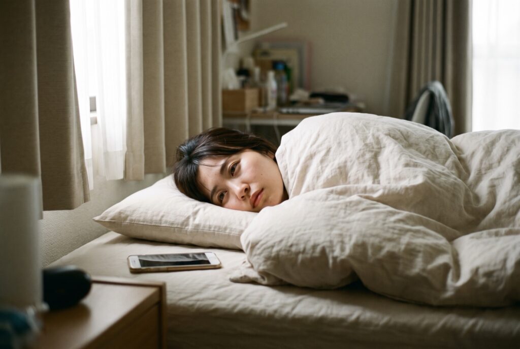 休日の昼、布団にくるまったままベッドで横になっている女性