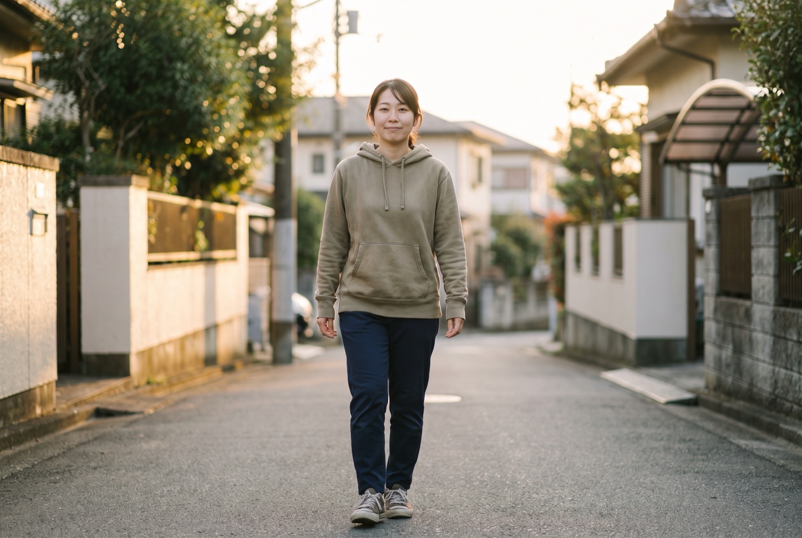 夕方の住宅街の道を、ゆっくり散歩している女性