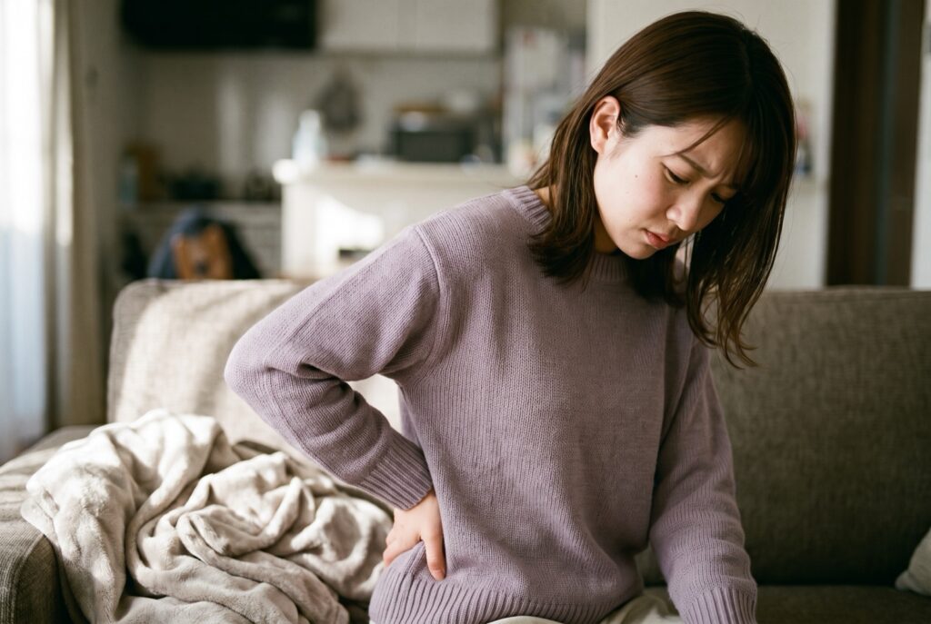 ソファのそばで、片手で腰の後ろを押さえてつらそうにしている女性
