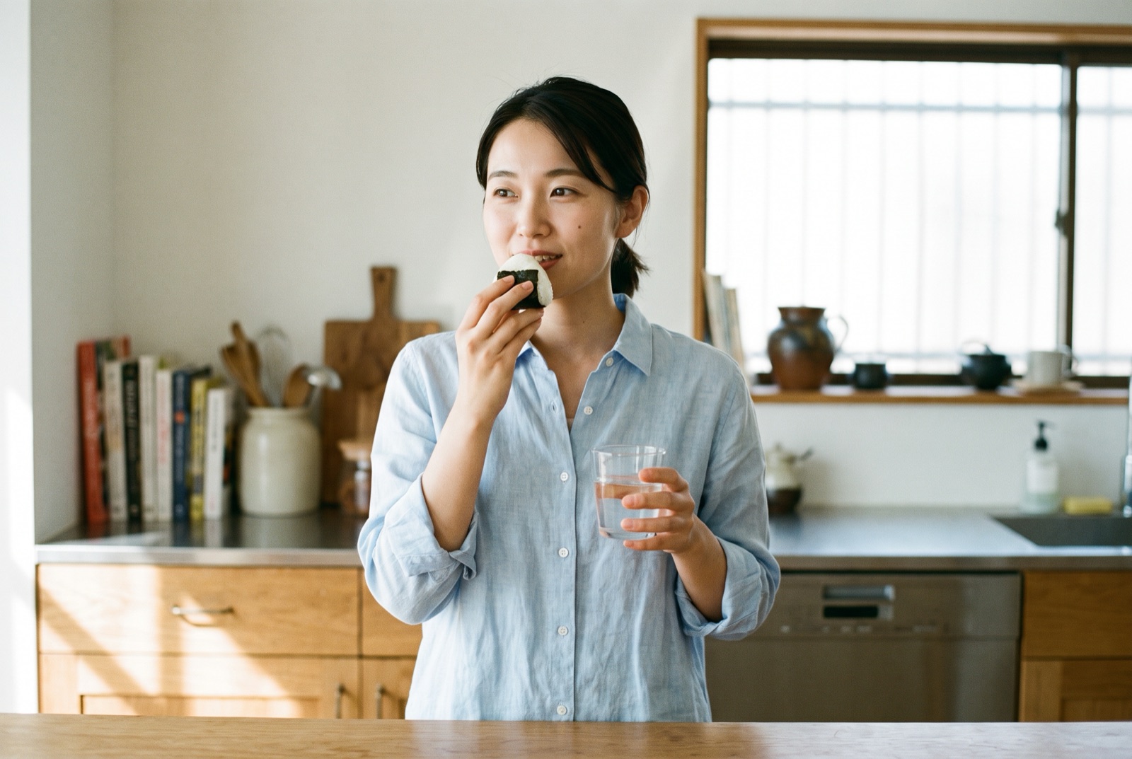 キッチンで水の入ったコップを持ち、小さなおにぎりをひと口食べようとしている女性