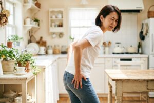 お尻に手を当てて、脚のしびれを気にする女性