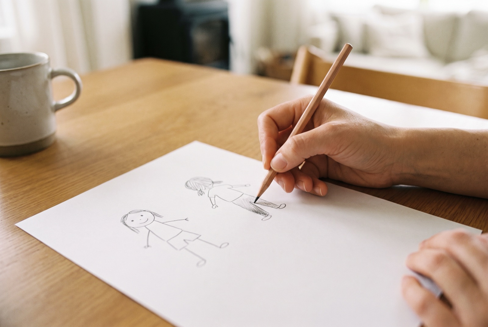 紙に描いた人の絵に、しびれた場所を鉛筆で塗っている手元