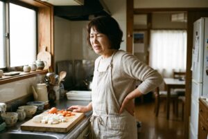 台所に立ったまま、腰に手を当ててつらそうにしている女性
