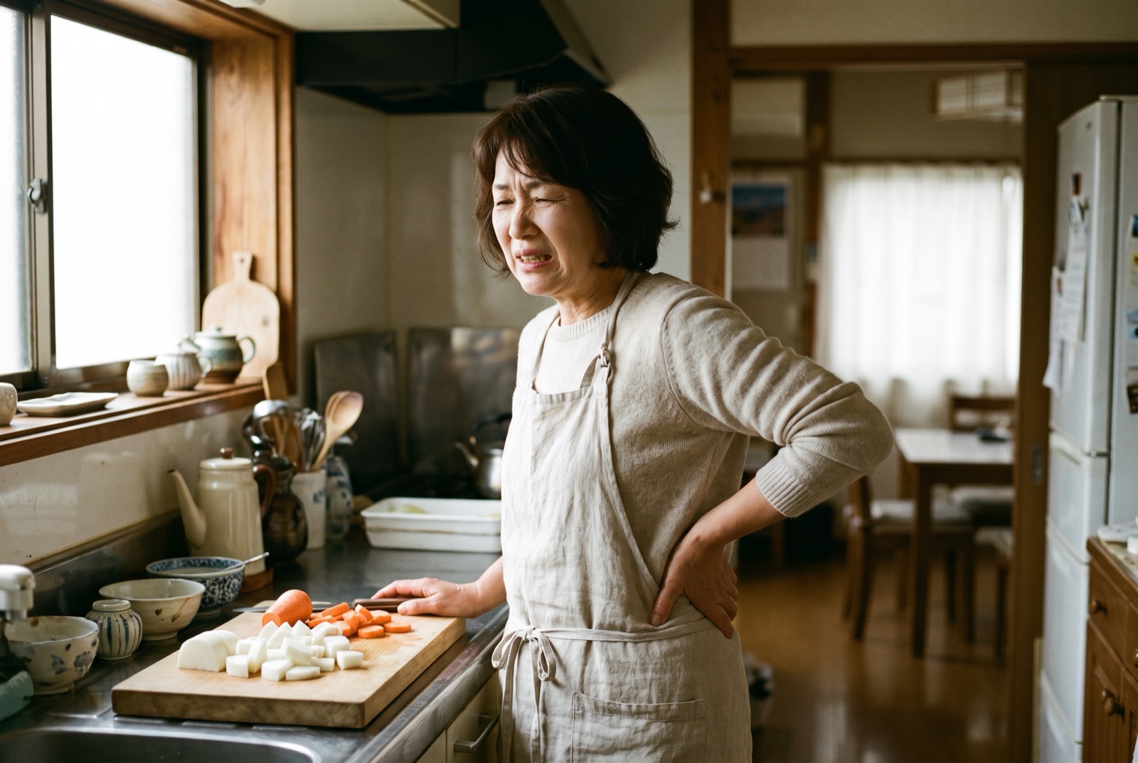 台所に立ったまま、腰に手を当ててつらそうにしている女性