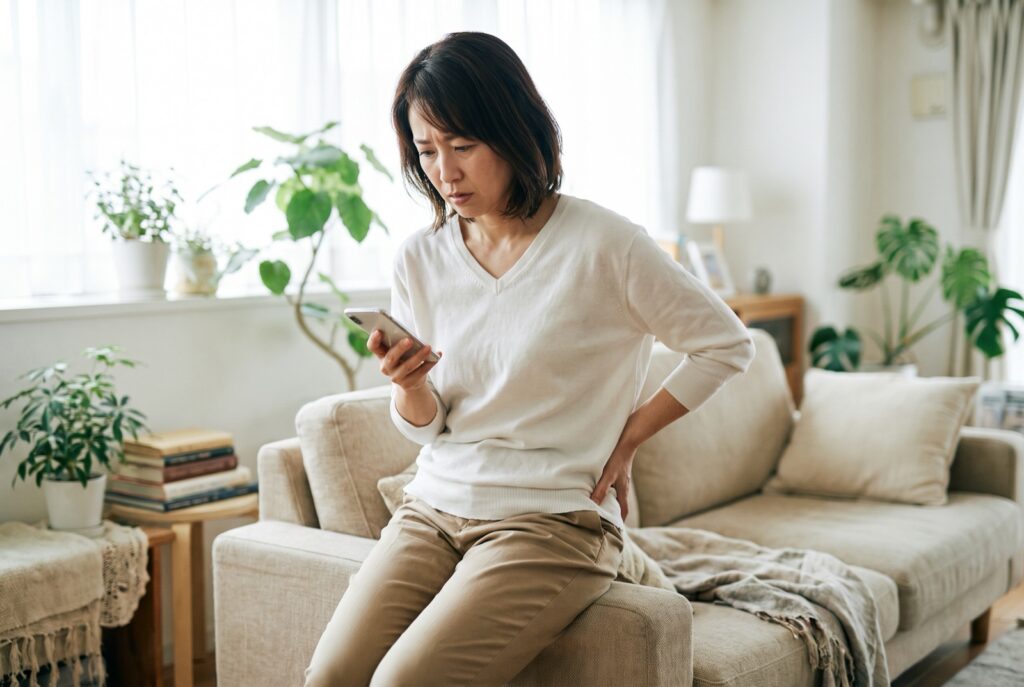ソファに座り、腰に手を当てながらスマートフォンを見る女性